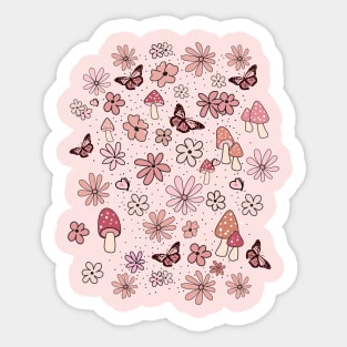 Pink, peach and Blush Pink Flowers Butterflies and Mushrooms Cottagecore Aesthetic Sticker